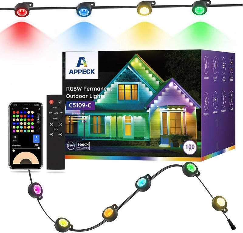 APPECK Permanent Outdoor Lights 100ft with 72 LEDs Smart RGBW String Lights Waterproof Remote Control for Christmas and More - Black