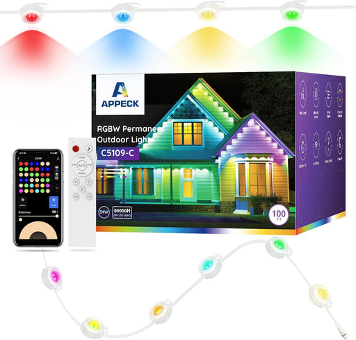 APPECK Permanent Outdoor Lights 100ft with 72 LEDs Smart RGBW String Lights Waterproof Remote Control for Christmas and More - White