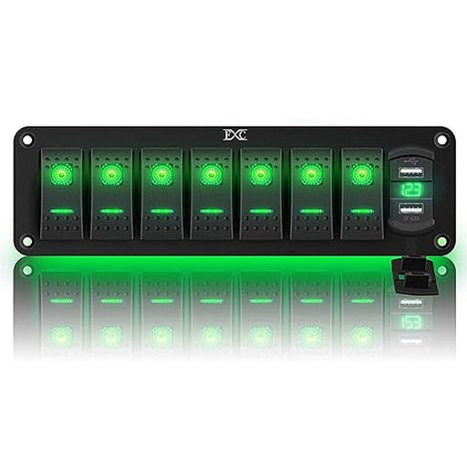 FXC KG153-7-GREEN-12V 24V DC 7 Gang Rocker Switch Aluminum Panel