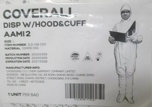 Disposable Protective Coverall w/Hood & Cuff Large White AAMI Level 2 Hazmat - 5 Pack